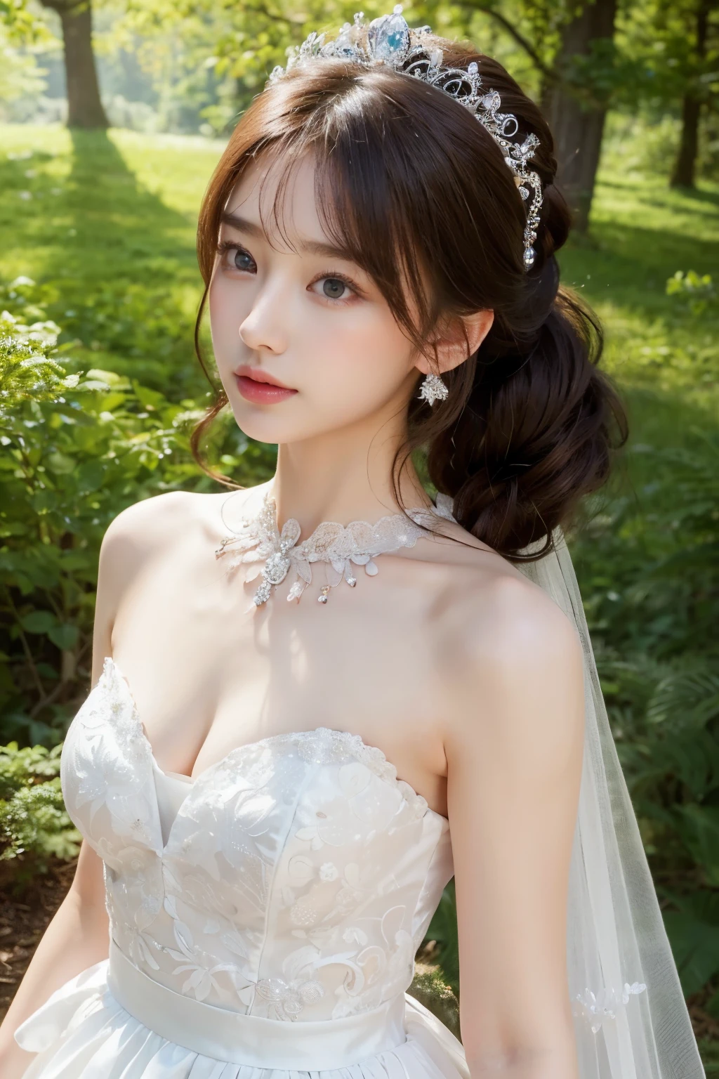 (Very detailed and beautiful work)、(masterpiece)、Highly detailed princess wedding dress、halterneck、Bridal Tiara、bridal veil、ponytail、charming expression、beautiful and clear eyes、simple blurry background、big、Ultra-fine painting、delicate face、delicate figure、thin collarbone、beautiful lips、、(8k、raw photo、top quality、masterpiece:1.2), (realistic, realistic:1.37)、cute、professional lighting, photon mapping, radio city,  ((Low angle full body shot))、[[[valley]]]、(The background is a forest:1.2)