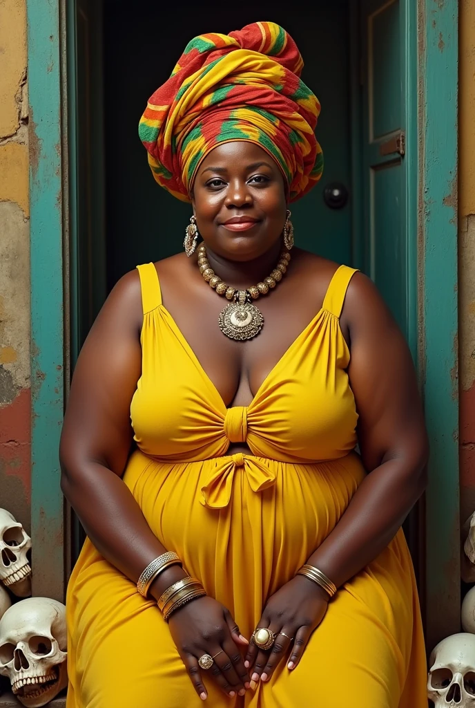 A Cuban woman with MESTIZO skin, with yellow hair, with African descent, chubby, but that her complexion is LIGHT BROWN. Between the ages of 40, with a yellow dress, and with his yellow turban, with bracelets and rings, and at his feet some skulls and sea snail shells.