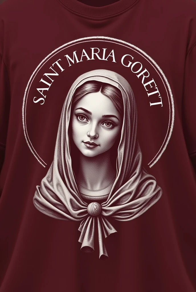 Make me a burgundy t-shirt, with a design in the middle of the shirt an image of Santa Maria Goretti that has white details