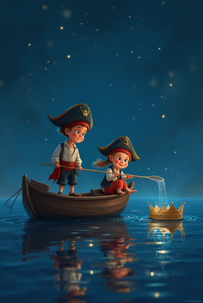 A pirate brother and sister, age 4 and 1, were aboard a small boat.、Using a fishing rod、Trying to fish out the constellation crown reflected on the night sea surface、A painting looking out to sea。