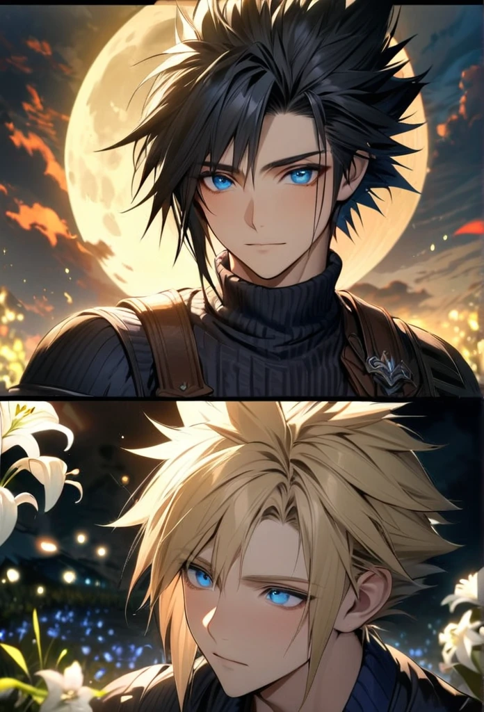 absurdres, highres, ultra detailed, HDR, master piece, best quality, Zack, black hair, expressive blue eyes, Final Fantasy, Cloud Strife, blond hair, expressive blue eyes, 2men together, handsome, petals, white lilies, moon, fireflies, extremely detailed face and eyes