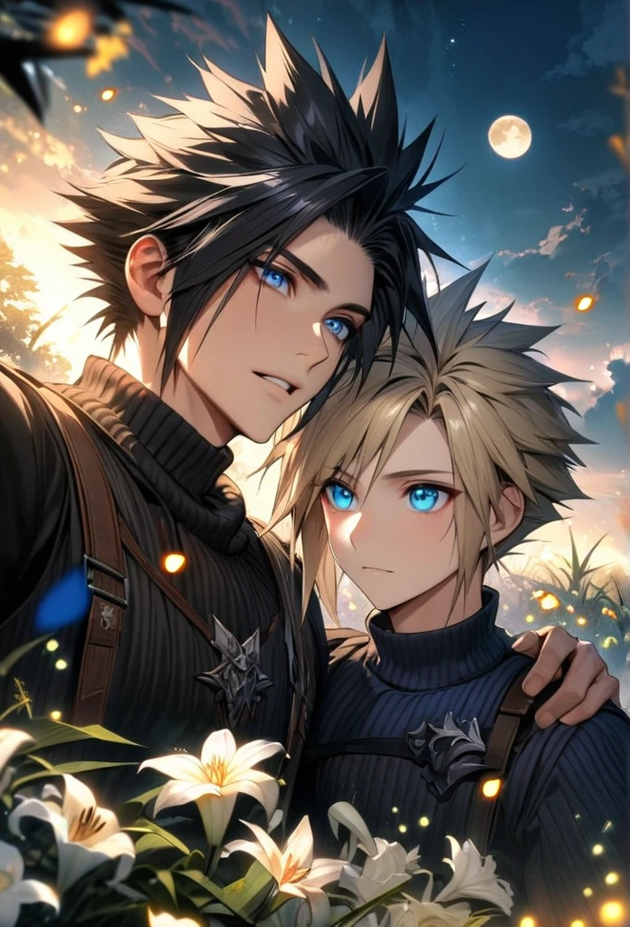 absurdres, highres, ultra detailed, HDR, master piece, best quality, Zack, black hair, expressive blue eyes, Final Fantasy, Cloud Strife, blond hair, expressive blue eyes, 2men together, handsome, petals, white lilies, moon, fireflies, extremely detailed face and eyes