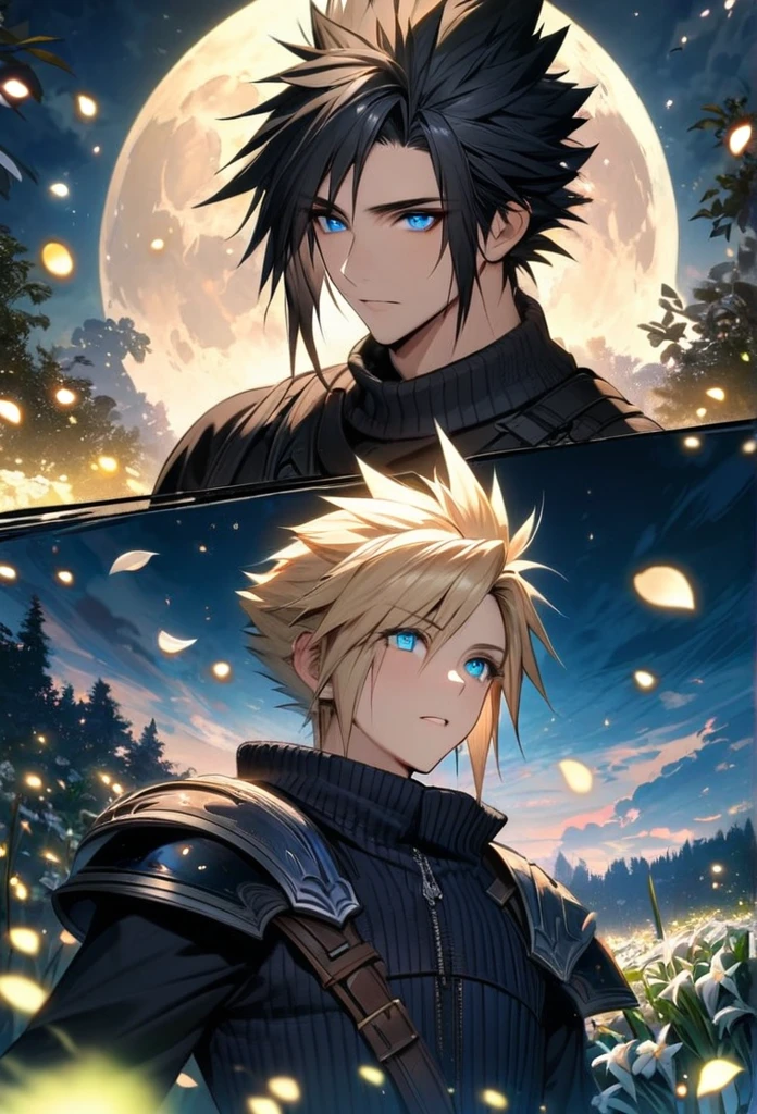 absurdres, highres, ultra detailed, HDR, master piece, best quality, Zack, black hair, expressive blue eyes, Final Fantasy, Cloud Strife, blond hair, expressive blue eyes, 2men together, handsome, petals, white lilies, moon, fireflies, extremely detailed face and eyes