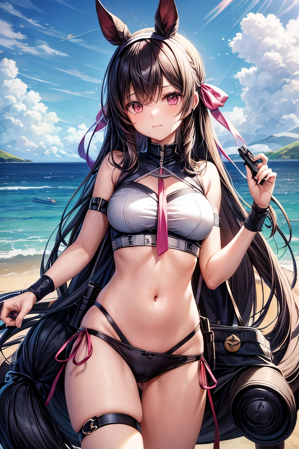 Koraki, Surrealist, Rescue, Hilma af Clint Style, A girl with long, straight black hair, pink ribbon headband, Compass in left hand, gun,