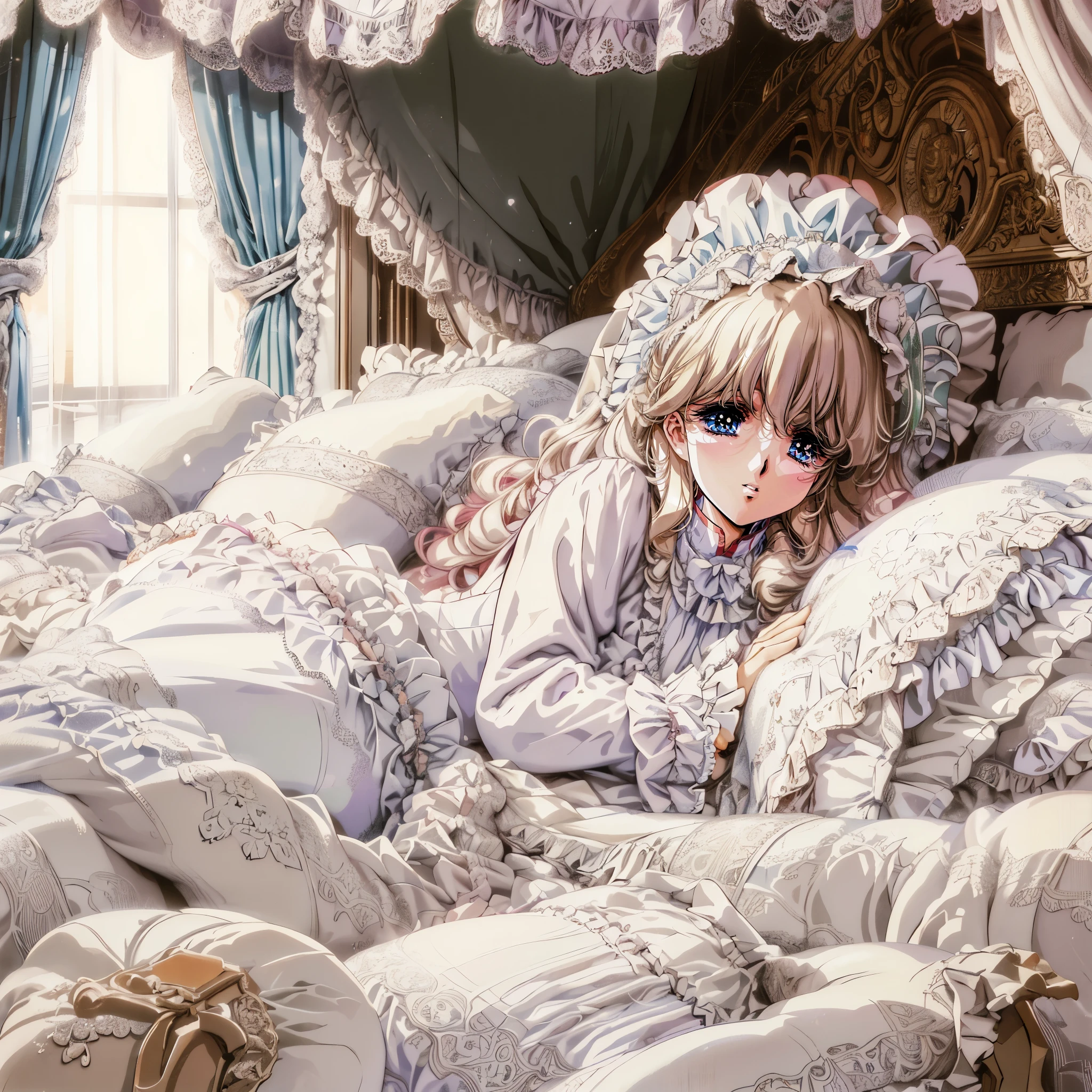 1980 style animation illustration, The girl is sitting on the bed,Anime illustrations, A lot of small white feathers, Lolita fashion long-sleeved long skirt nightgown with frills and ribbons, frilled nightcap,in the Victorian luxury bedroom,on a huge and wide Victorian canopy bed, a bed skirt with many pillows and frills with frills, Soft pillows,Soft frilled divet,big soft divet covered bed,Softly sink divet,colorful pillows in pastel colors, pink curtains with frills around the bed, detailed face,blond long hear,blue eyes,frilled white socks,white fur slipper,