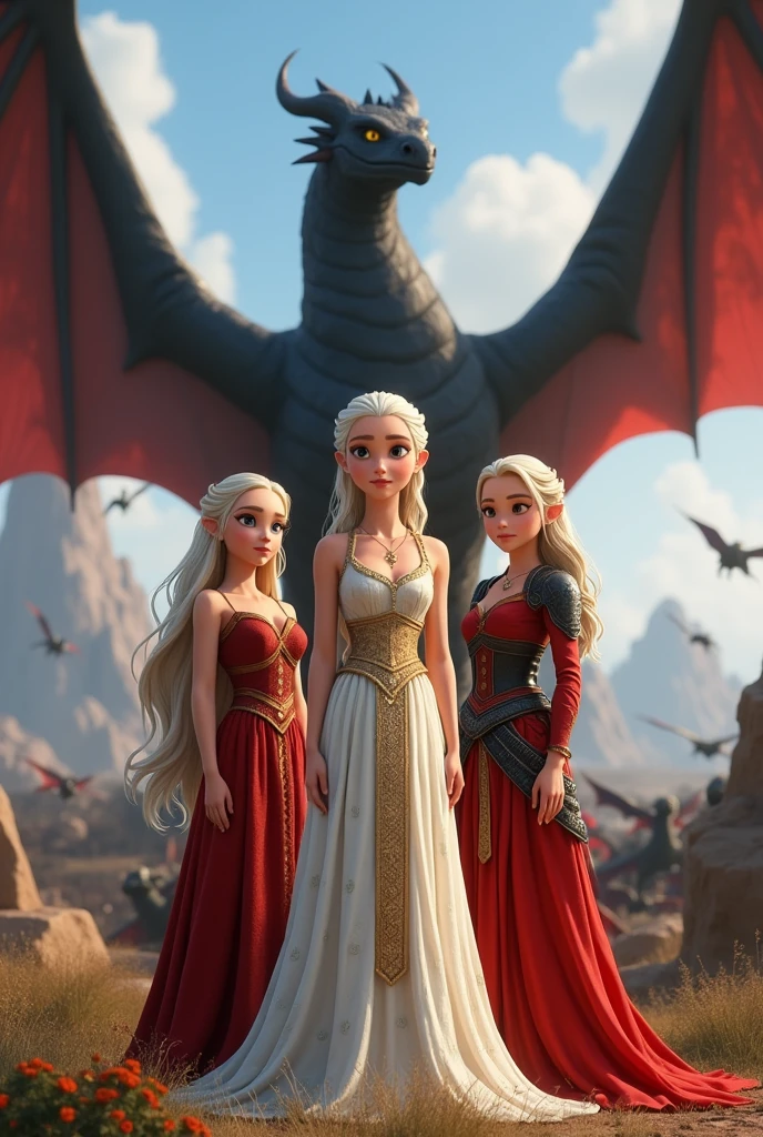 Disney Pixar of young Daenerys Targaryen in white and gold Grecian style dress along with Rhaenyra Targaryen in red dress, gold and black and Rhaenys Targaryen in red and black armor with dragons in the glory of ancient Valyria behind them the giant dragon Balerion the black terror and countless dragons flying in the sky
