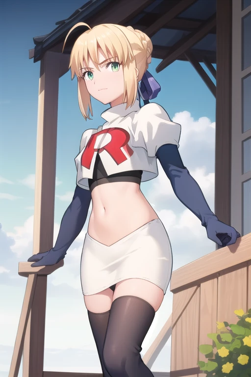 best quality, masterpiece, phSaber, phAltoria, 1girl, solo, blue ribbon, looking at viewer, french braid, hair bun, short hair, outdoors, team rocket,team rocket uniform,white skirt,red letter R,crop top,black thigh-highs,black elbow gloves