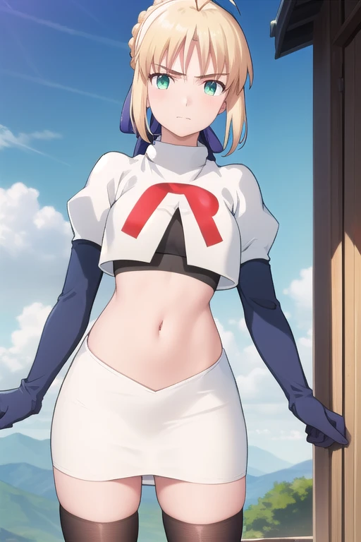 best quality, masterpiece, phSaber, phAltoria, 1girl, solo, blue ribbon, looking at viewer, french braid, hair bun, short hair, outdoors, team rocket,team rocket uniform,white skirt,red letter R,crop top,black thigh-highs,black elbow gloves