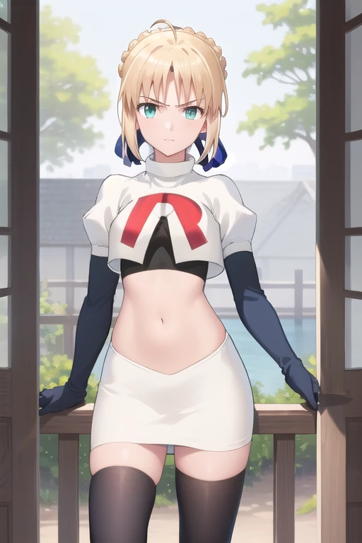 best quality, masterpiece, phSaber, phAltoria, 1girl, solo, blue ribbon, looking at viewer, french braid, hair bun, short hair, outdoors, team rocket,team rocket uniform,white skirt,red letter R,crop top,black thigh-highs,black elbow gloves