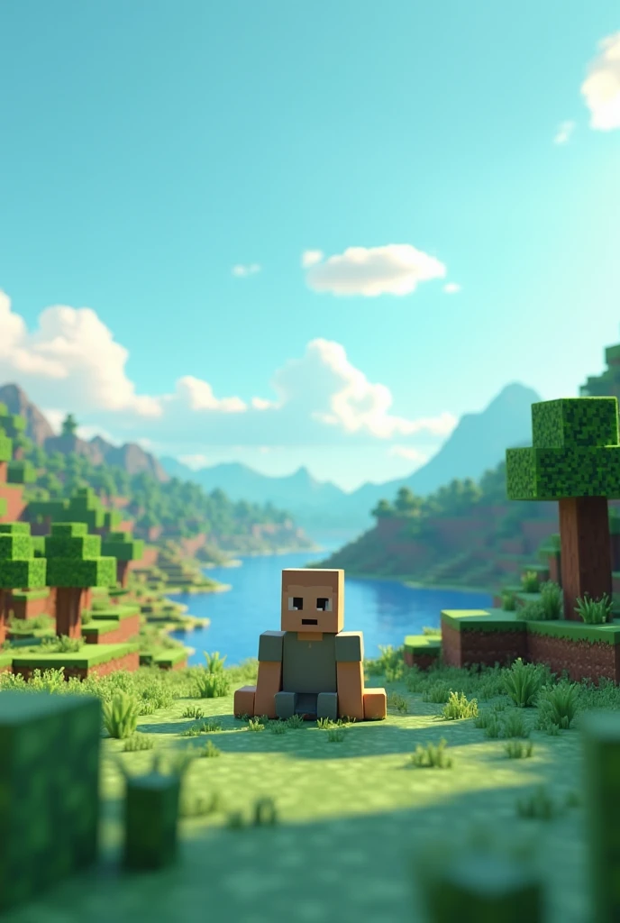 I want a Minecraft image with a landscape style with a character sitting with graphics similar to Minecraft 