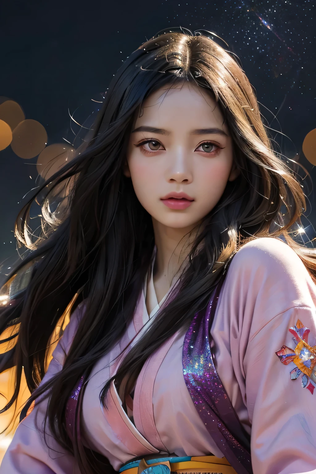 Nezuko from demon slayer. a young woman with long dark hair, beautiful detailed eyes, beautiful detailed lips, extremely detailed face, longeyelashes, wearing a pink kimono, (best quality,4k,8k,highres,masterpiece:1.2),ultra-detailed,(realistic,photorealistic,photo-realistic:1.37),digital painting,exquisite detail,intricate details,highly detailed,vivid colors,warm lighting,cinematic lighting,dramatic lighting, iridescence, dramatic angle, space, (floating colorful sparkles:1.3), Dramatic Lighting, Chiaroscuro, Evocative Depth. Portrait.