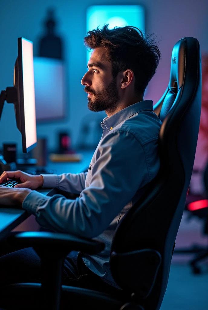 Make a image , a man sitting on a gaming chair. Back lock