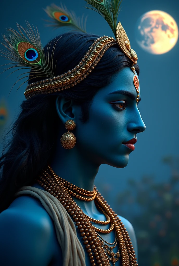 krishna .peacock feather in the hair, dack blue deep skin.then background is should be night sky with moon.low key,realizm ,ultra sharp skin detail