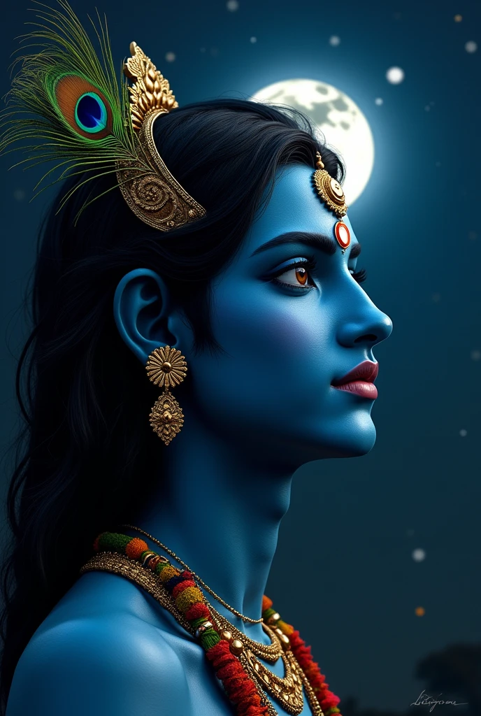 krishna .peacock feather in the hair, dack blue deep skin.then background is should be night sky with moon.low key,realizm ,ultra sharp skin detail