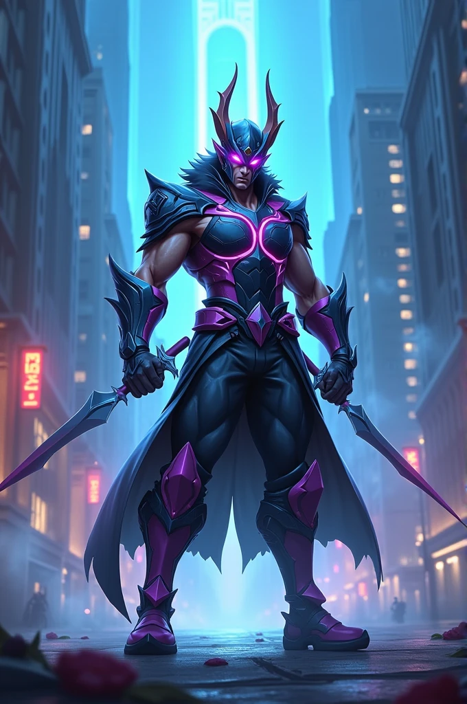 Mobile legend game character, Aldous with evic skin, is standing in front of a building, the atmosphere looks perfect, the background is blue lighting, in front it says "street MLBB fre.