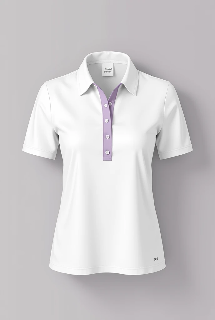 Mockup of a completely white polo shirt for women, except for the part where the buttons go, because it will be in lilac.