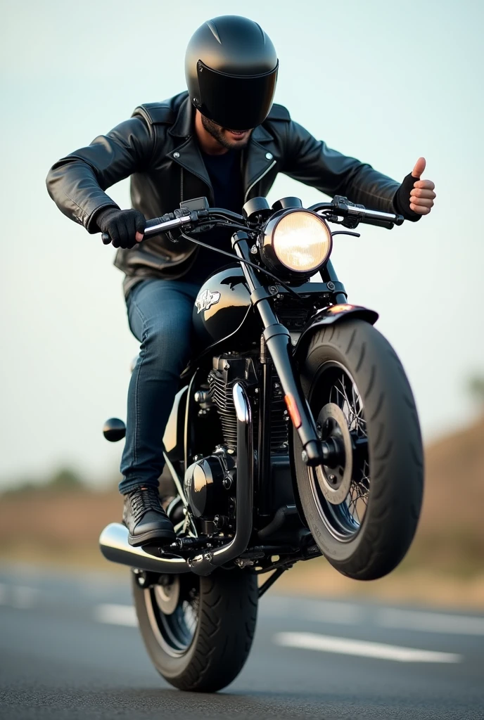 A motorcycle, Honda Bros 160, black, on a highway, with a man on top of her, posing fror a picture, giving a thumbs up, he takes the helmet, and starts to wheelie the bike, he starts flying on a motorcycle