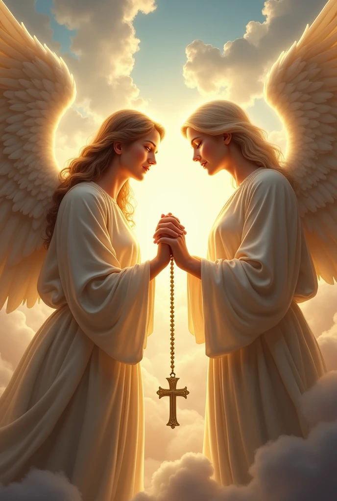 Two archangels praying holding each other&#39;s hands with a rosary with a cross