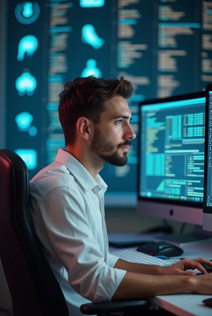 One person wears a white shirt,Sit in front of the computer,There are mainly some data,Then the image of a sick pig automatically popped up in his mind.