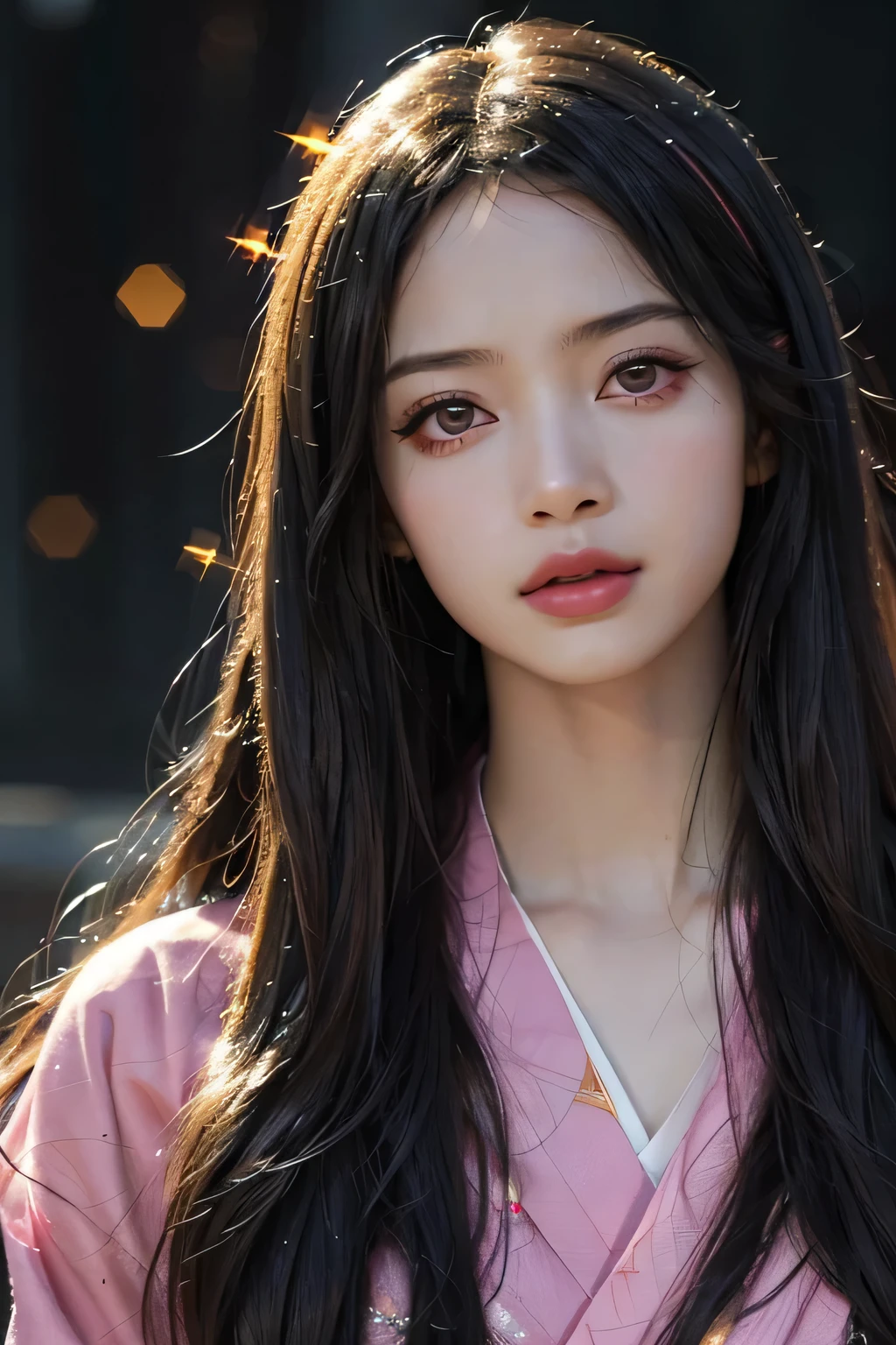 Nezuko from demon slayer. a young woman with long dark hair, beautiful detailed eyes, beautiful detailed lips, extremely detailed face, longeyelashes, wearing a pink kimono, (best quality,4k,8k,highres,masterpiece:1.2),ultra-detailed,(realistic,photorealistic,photo-realistic:1.37),digital painting,exquisite detail,intricate details,highly detailed,vivid colors,warm lighting,cinematic lighting,dramatic lighting, iridescence, dramatic angle, space, (floating colorful sparkles:1.3), Dramatic Lighting, Chiaroscuro, Evocative Depth. Portrait.