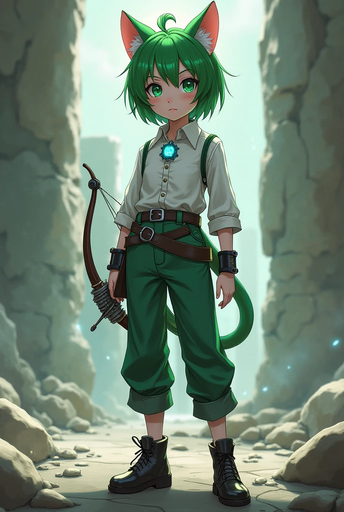 ((Best Quality)), ((masterpiece)), (detailed), (original), (realist), girl short green hair, medium green eyes, cat ears, soft smooth skin, small mouth, pink, glow, Whole body, pants with belt, white shirt with details, cyan pendant, leather shoes, transparent stockings, zodiac, survivor, ruins background, textura refinada glow, bow and arrow costume, mixed clothing, violet locks of hair,