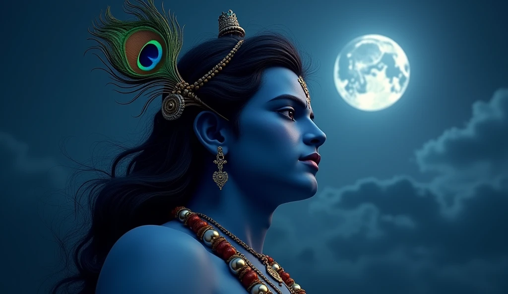 krishna .peacock feather in the hair, dack blue deep skin.then background is should be night sky with moon.low key,realizm ,ultra sharp skin detail