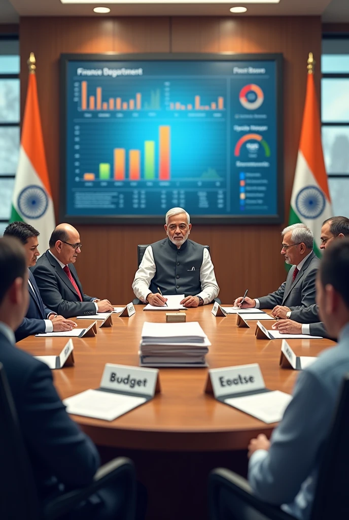 Create a detailed image showing the process of drafting the budget of India. The scene should depict a large, modern conference room with a round table at the center. Around the table, there are representatives from different government departments (like Finance, Defense, Education, Health, etc.), each with a specific department name on a nameplate in front of them. The representatives should look professional, with distinct features that show their seriousness and focus.
At the center of the table, place a stack of documents labeled "Budget 2024." The Finance Minister, a well-dressed, authoritative figure with a focused expression, is leading the discussion, pointing to a chart or document. In the background, there is a large digital screen displaying charts, graphs, and data related to the budget.
The room should be well-lit with natural light coming from large windows, and there should be Indian flags subtly visible in the background, emphasizing the official setting.