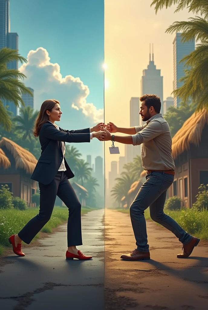 a realistic photo which shows one half is village background and other half is software office and city as in this a lady who is a software employee pulling a man with her id card which is yanged to the man who is from village 