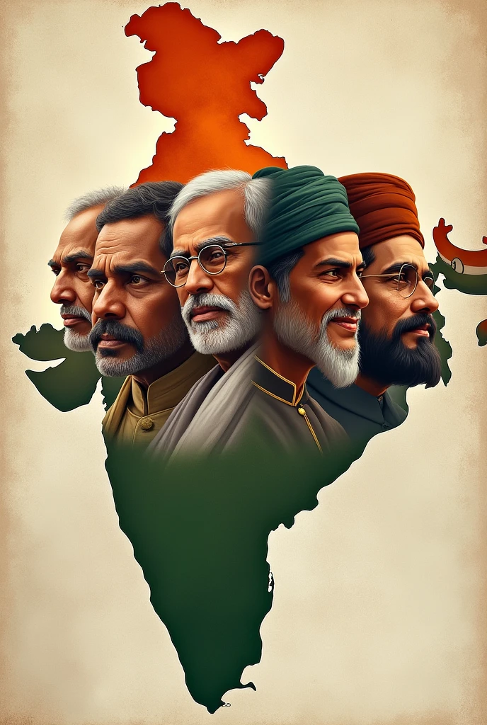 In india map, make 4 freedom fighters faces of India 