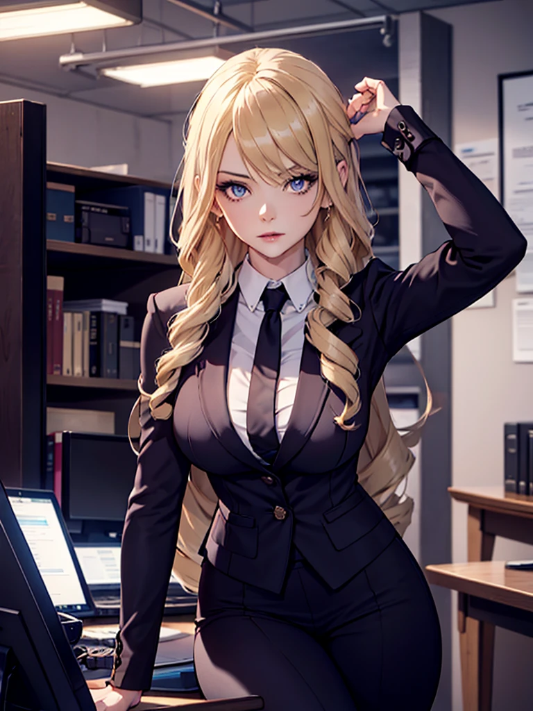 a woman wearing a black tight office suit, blonde hair, in an office environment, detailed, high quality, realistic, photorealistic, 8k, masterpiece, intricate details, cinematic lighting, dramatic composition, moody atmosphere