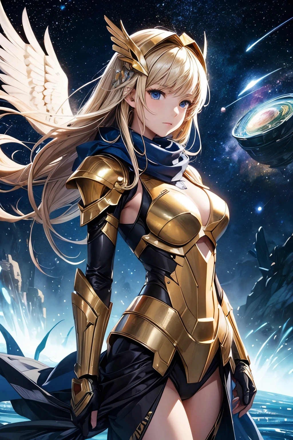 (((masterpiece))),16K,Highest quality, figure, Earth, water,fire,Wind,space,One girl,Blonde,Beautiful mechs,Shiny Armor,Eagle Helmet,Beautiful Face,scarf,paper_cut,Browsing Caution