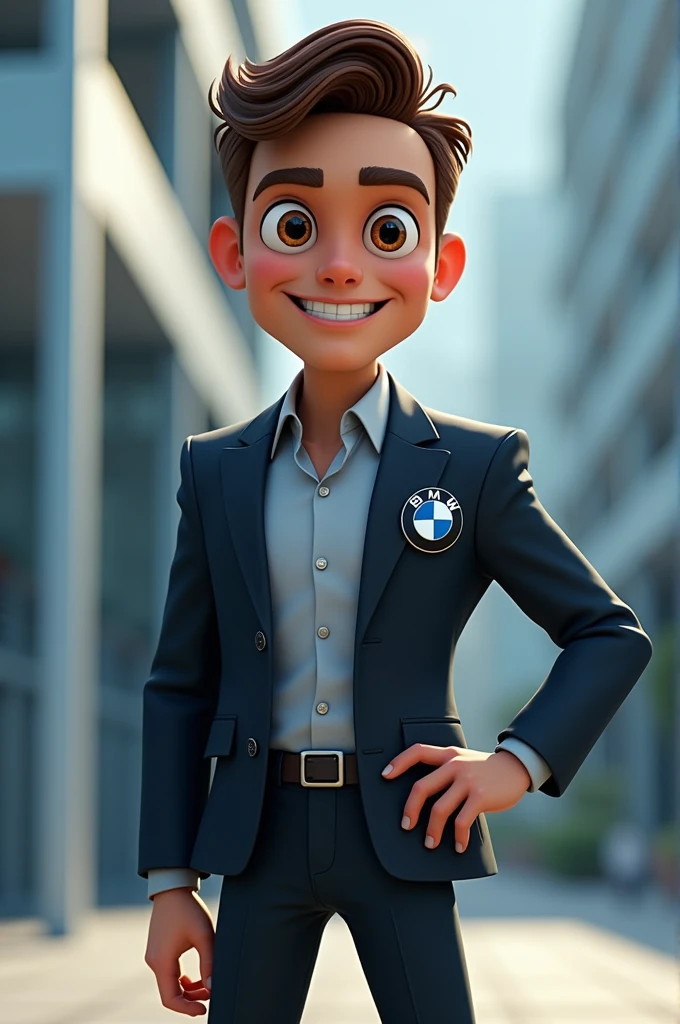 A animated man with bmw car logo on his suit suit