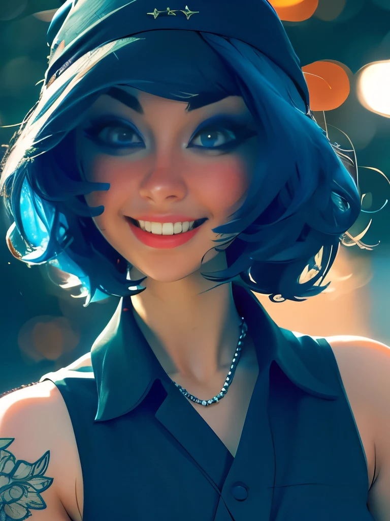 Masterpiece, best quality, high quality, very detailed CG uniform 8k wallpaper, 1girl, solo, blue hair, tattoo, short hair, hat, jewelry, smile, necklace, looking at the audience, hat, realistic, open mouth, teeth, upper body, vest, nose, bare shoulders, artist name, black tiara, collarbone, arm tattoo, blue eyes, lips, blur, oil painting, award winning photography, bokeh, depth of field, HDR, bloom, chromatic aberration, realism, very detailed, artstation Intricate, High Detail, dramatic, art by midjourney
