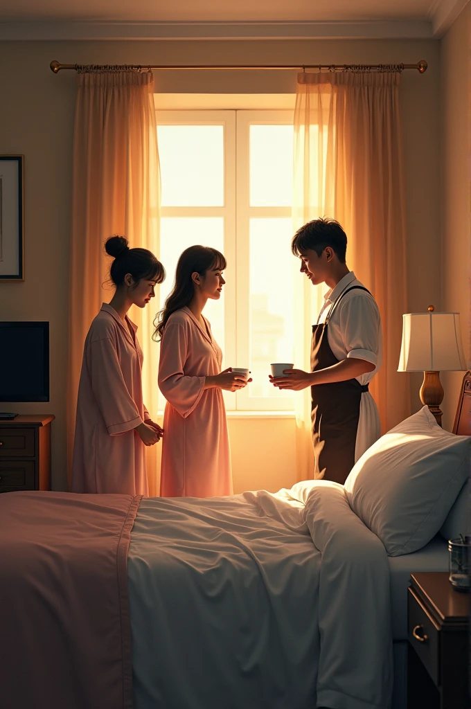 In the morning, the hotel staff woke the woman  up from her bedroom and the woman  was seen talking to the hotel staff.