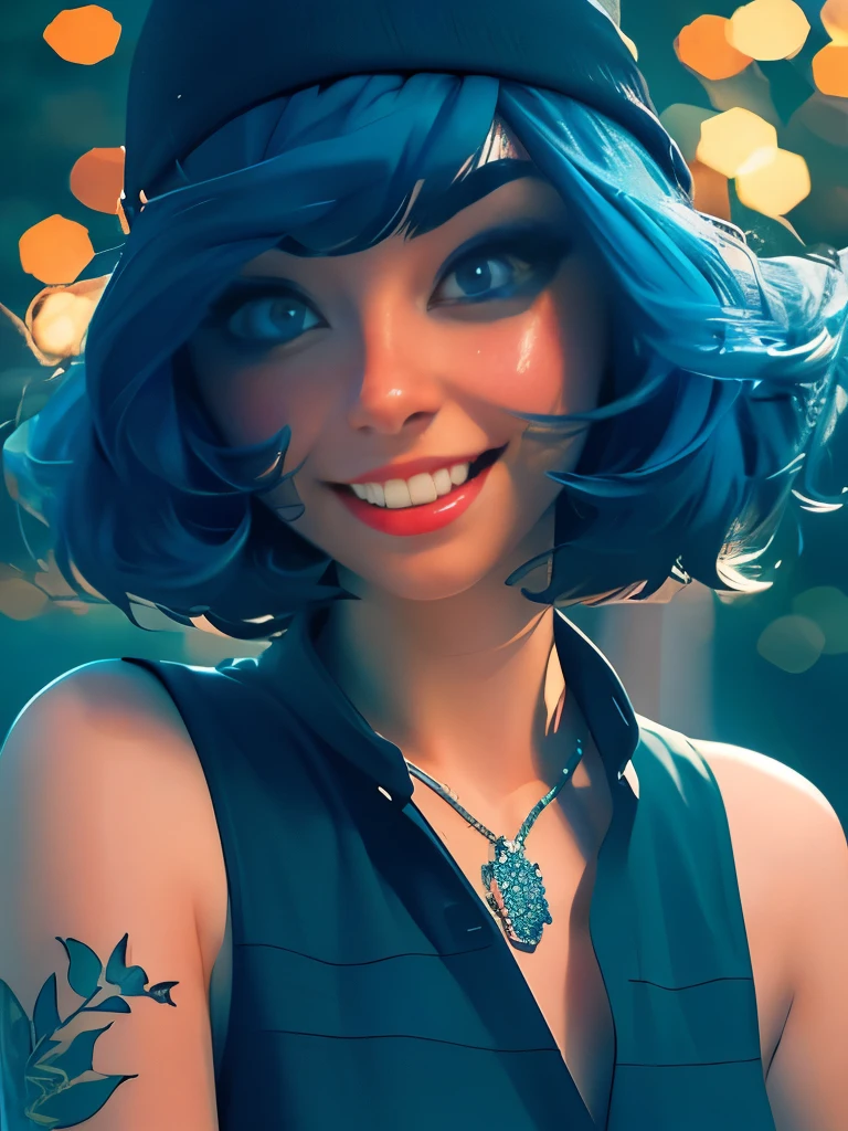 Masterpiece, best quality, high quality, very detailed CG uniform 8k wallpaper, 1girl, solo, blue hair, tattoo, short hair, hat, jewelry, smile, necklace, looking at the audience, hat, realistic, open mouth, teeth, upper body, vest, nose, bare shoulders, artist name, black tiara, collarbone, arm tattoo, blue eyes, lips, blur, oil painting, award winning photography, bokeh, depth of field, HDR, bloom, chromatic aberration, realism, very detailed, artstation Intricate, High Detail, dramatic, art by midjourney