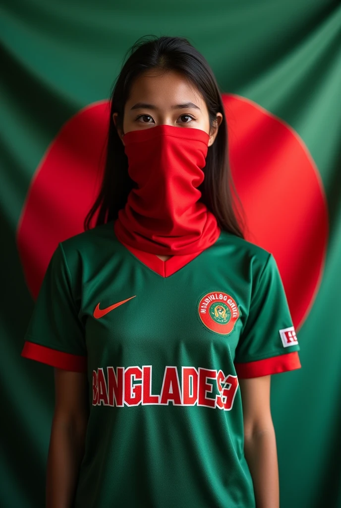 A 20-year girl in front of the Bangladeshi flag on the back. Wearing the jersey of Bangladesh. The jersey has 'Maya Akhter
' written in English and the face and eyes are covered in red cloth.