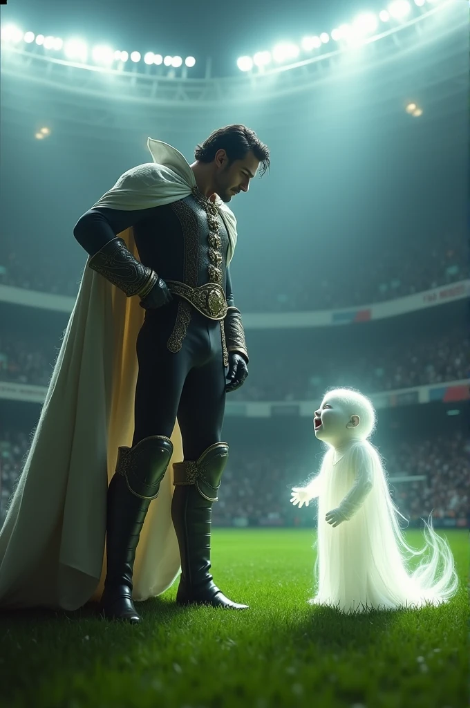 Prince Charming scolding a crying baby ghost on a football field