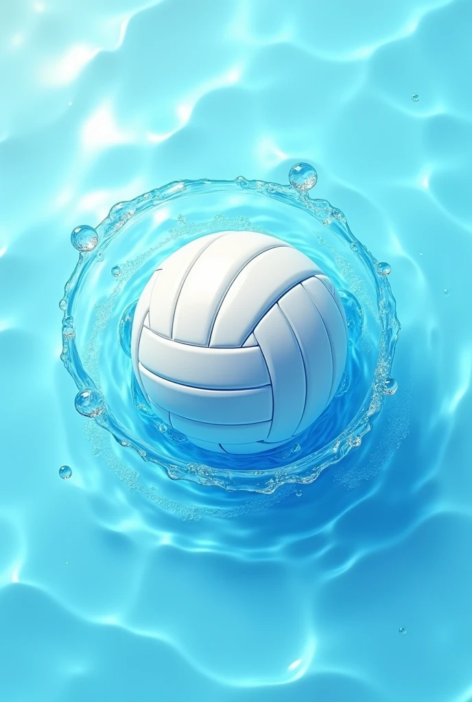 (minimalist logo) (crystal clear water) logo of a volleyball surrounded by a whirlpool, minimalist logo , (2d), light blue water background. The background under the ball has ripples like the sea being reflected in the sunlight., Sparkling Blue Volleyball. Logo. strong. Water surrounds the ball generously, free, soar. Strong style, dynamic, energy, matter, cool. strong, bold, full.