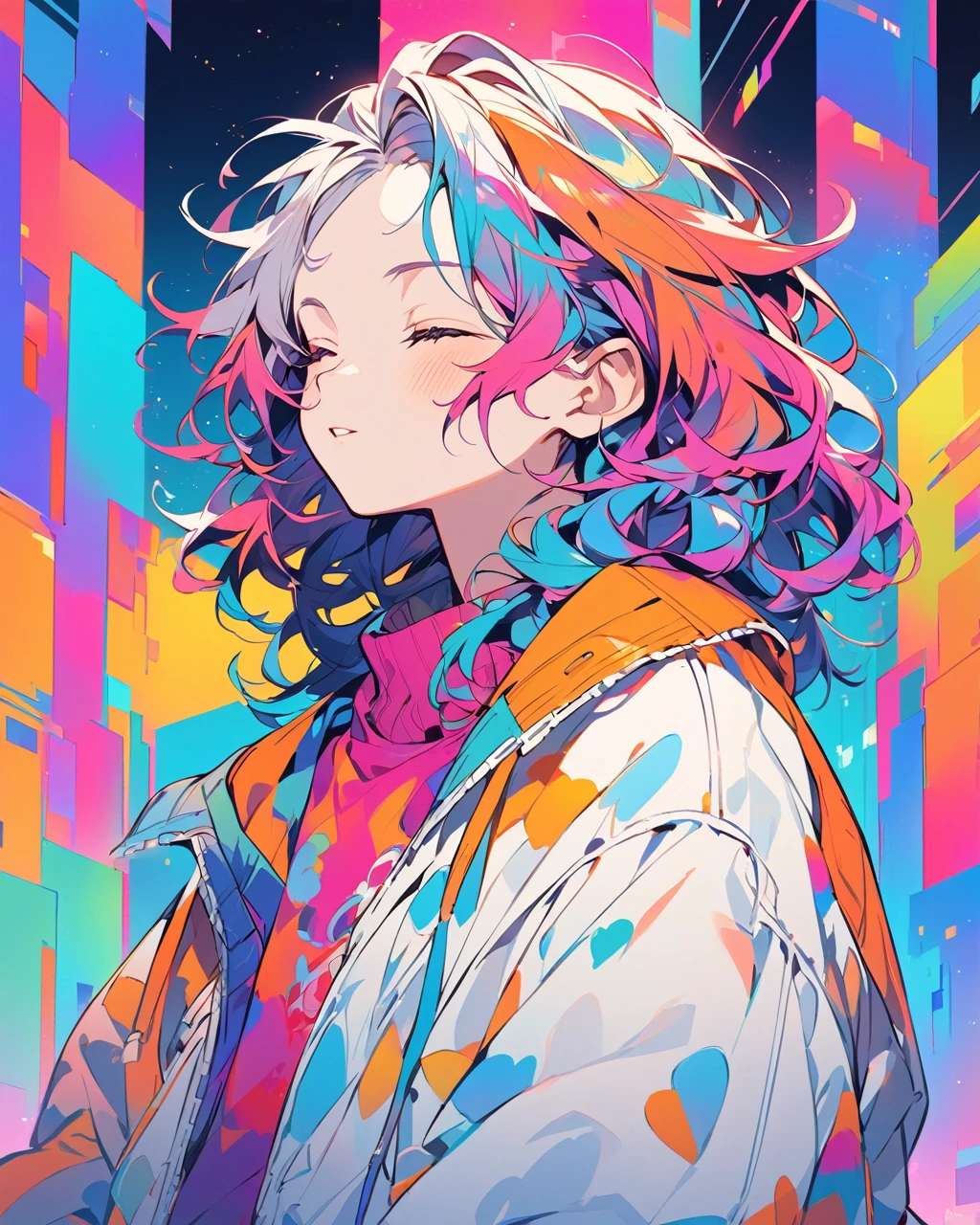 An anime-style of a young boy character with medium-length messy hair, wearing an oversized sweater and jacket. The character is shown with a calm expression, eyes closed, and head slightly tilted upward, giving a relaxed vibe. The image uses vibrant colors with a brightly colored sweater and jacket. The background is also colorful, contrasting with the character's clothing to make them stand out."