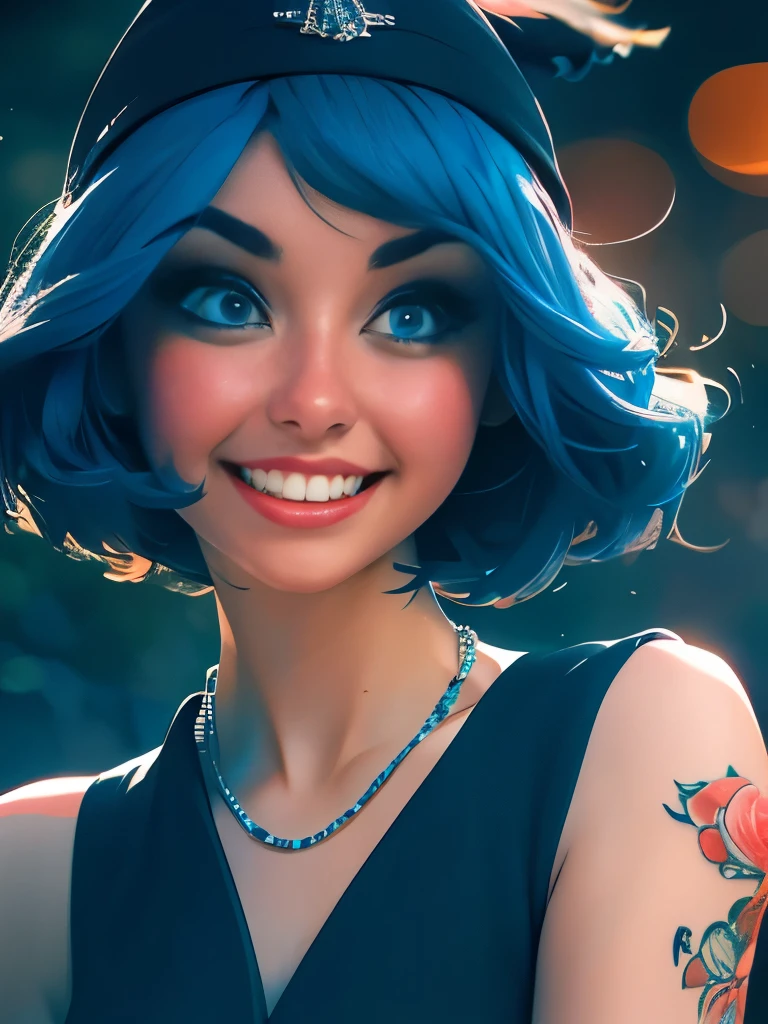 Masterpiece, best quality, high quality, very detailed CG uniform 8k wallpaper, 1girl, solo, blue hair, tattoo, short hair, hat, jewelry, smile, necklace, looking at the audience, hat, realistic, open mouth, teeth, upper body, vest, nose, bare shoulders, artist name, black tiara, collarbone, arm tattoo, blue eyes, lips, blur, oil painting, award winning photography, bokeh, depth of field, HDR, bloom, chromatic aberration, realism, very detailed, artstation Intricate, High Detail, dramatic, art by midjourney