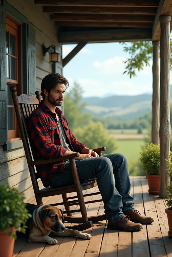 create an image of dean winchester from supernatural sitting in a rocking chair on a front porch with a dog laying next to him