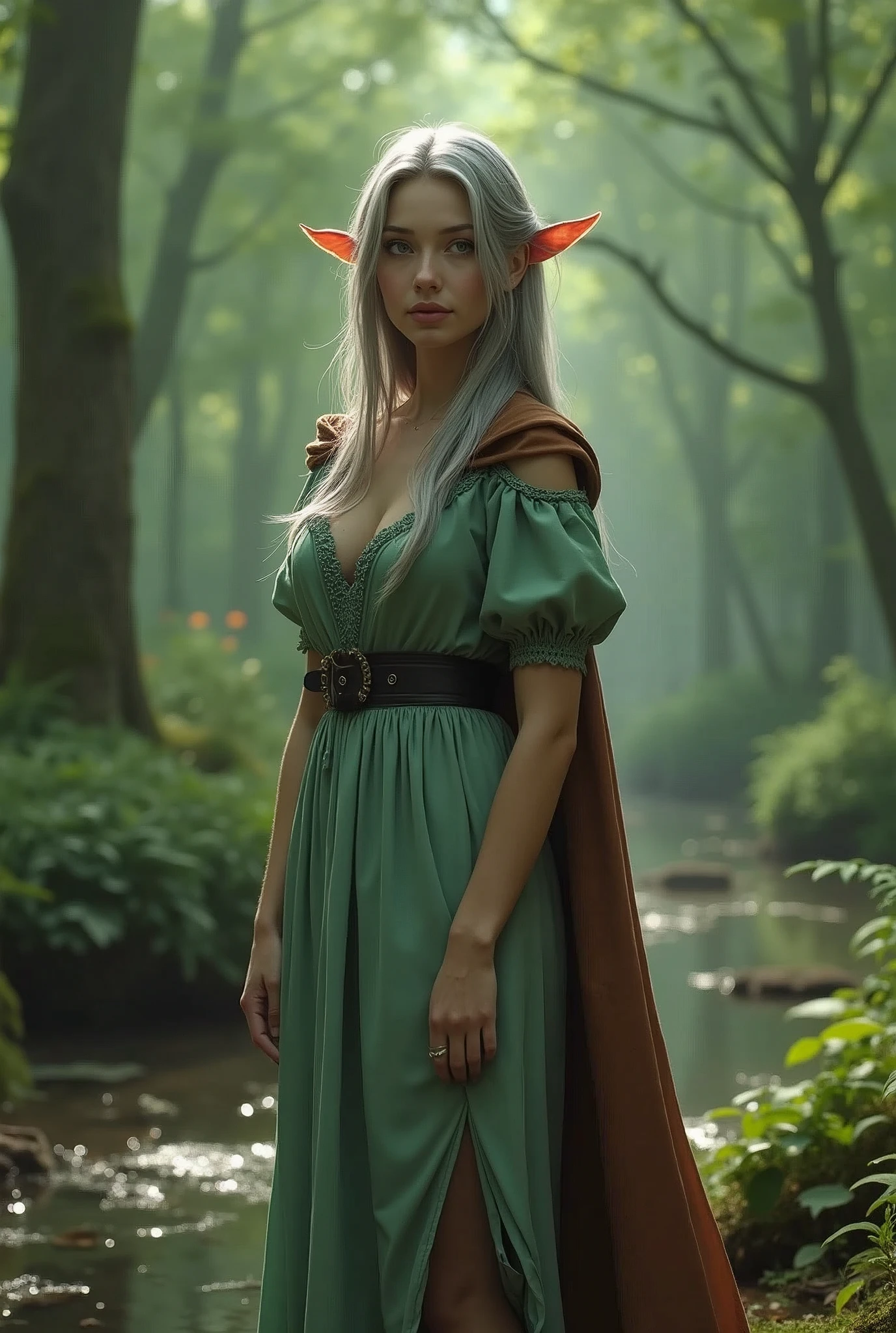 (Best quality, tmasterpiece:1.4), (actual:1.2), (actual:1.2), (Ridiculous resources:1.2), 4K, ultra - detailed, A beautyful girl, Detailed faces, (Ultra-detailed eyes:1.2), (gorgeous one:1.2),(natural:1.2), (at a forest:1.4), (Monte:1.2), Rochas, Rochas, floods, (wood bridges:1.2),(Alone:1.4), 1 Sister, (Eternal:1.2),(fairies:1.2), Pointed ear hair:1.2), Long gray hair, (side locks:1.2),(Green-eyed:1.4),(humongous large breast: 1.6),(Wide hips: 1.3),(Thigh thick: 1.2),(Thick lips: 1.4),White knee-length Bootrow shorts:1.2), (brown cape:1.2), (Brown stockings:1.4), Mint green dress, Black belt,venusbody