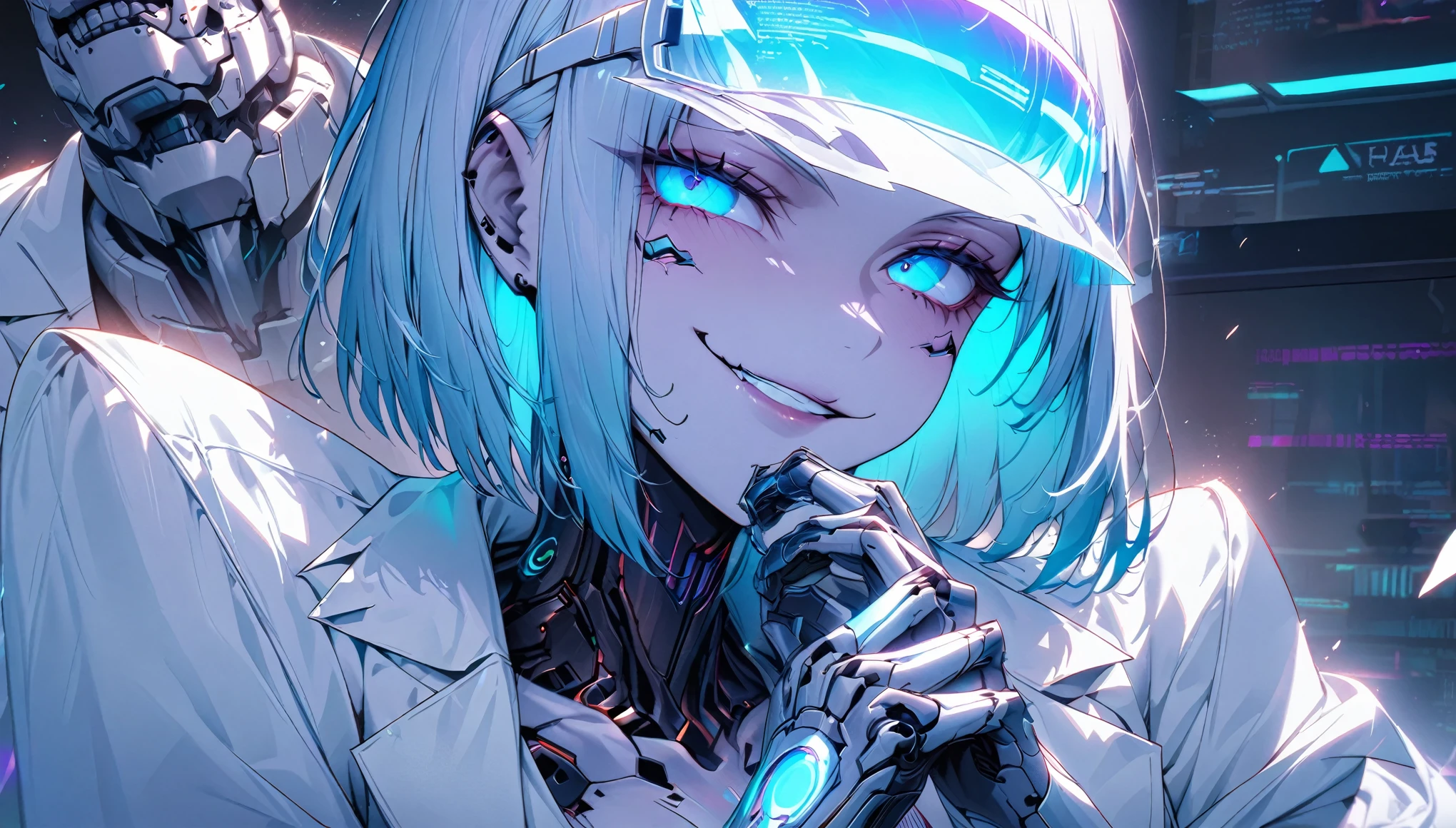 solo female, medium shot, iridescent eyes, electric blue hair, straight hair, asymmetric bob cut, pale skin, brilliant skin, athletic, cyborg hands, doctor's office, cyberpunk, surgeon, smirk, cheeky, holographic visor, white lab coat, blood, close up, pinup pose