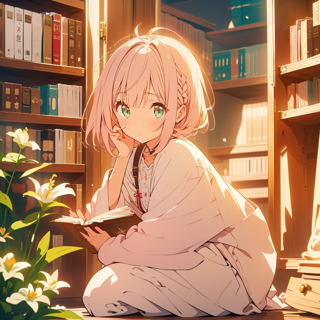 White lily、A girl with short light pink hair、Scarlet Eyes、Highlight on eyes、Crouching down to read a book、Embarrassed expression、Library、Detailed facial expressions、cute、8k、high resolution、Daytime、Bright sunlight、Girl with long brown hair、Green Eyes