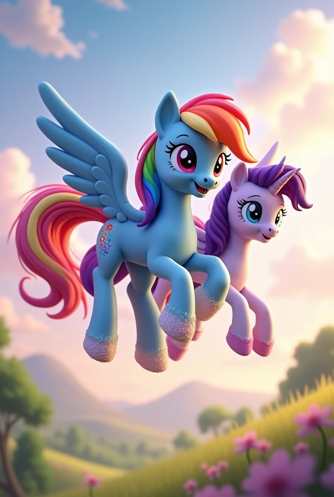 rainbowdash from my little pony with frosting on her hooves flying with twilight sparkle