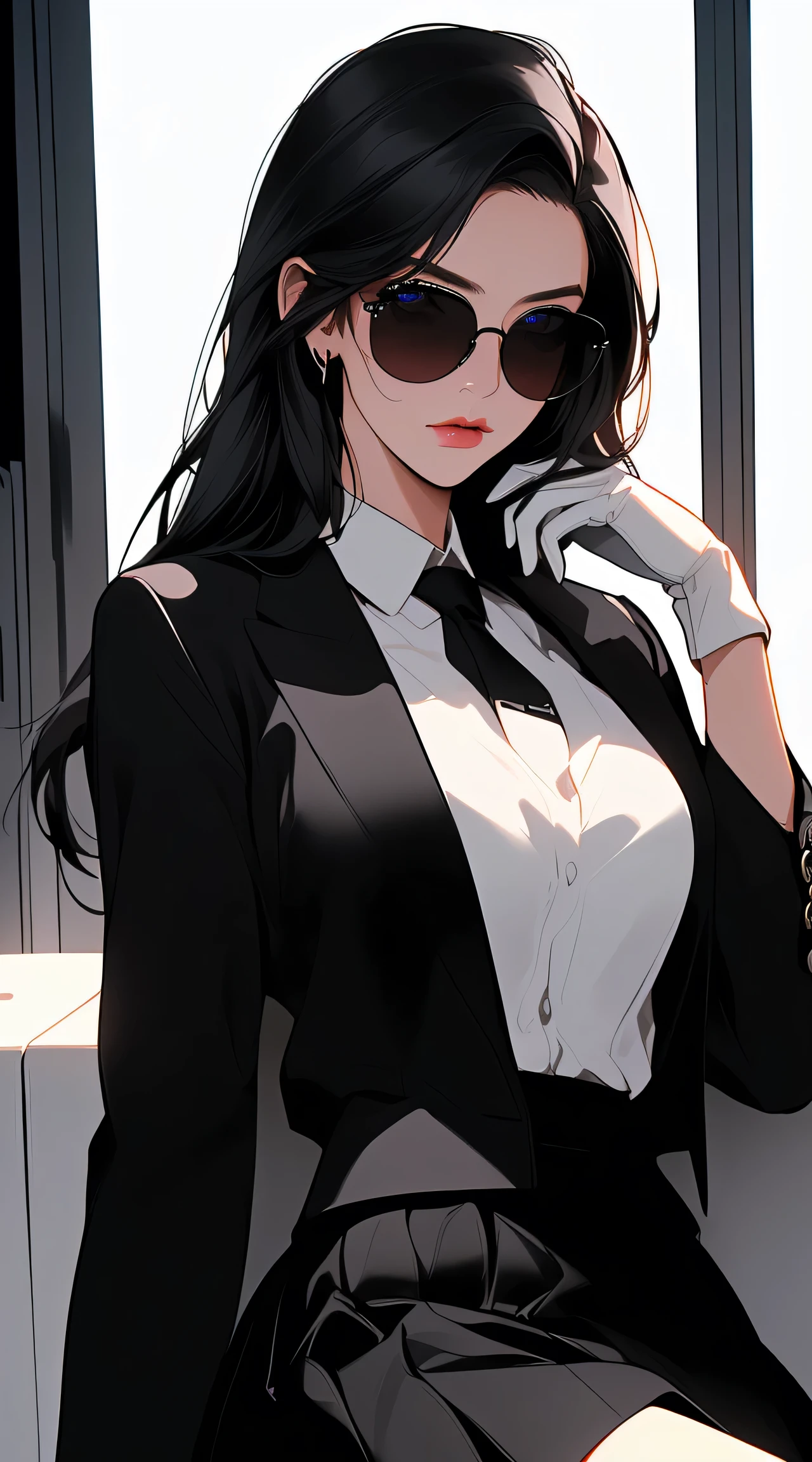 1 girl, One, White hair, black hair, multicolored hair, black eyes, X-shaped pupils,
break (({black business suit:1.40},{tie:1.20},{Sunglasses:1.25},{White gloves:1.15},{ White shirt:1.10}, {black skirt:1.15}, good looking:1.5))
break expressionless, I look at the viewer, sitting,
break (masterpiece:1.2), Best quality, a high resolution, unity 8k wallpaper, (illustration:0.8), (beautiful detailed eyes:1.6), very detailed face, perfect lighting, extremely detailed computer graphics, (perfect hands, Ideal Anatomy),