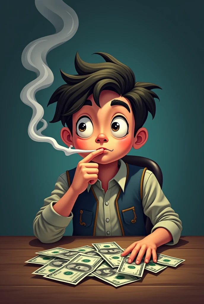 Make an image of Super anmimated and cartoonish boy smoking and thousand's of dollars besides him on the table and the boy feels chilling