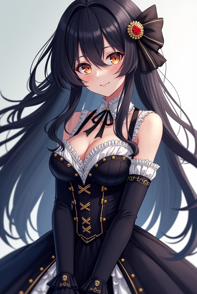 long dark hair, that is usually carried loose, with some strands framing her face. His eyes are a bright color and he has an expression that can vary from determination to vulnerability., which adds depth to his character.
Her clothing is elegant and has a gothic touch., aligning with the anime environment, that mixes elements of modern times with darker and more classic details. She usually wears a black dress with white details., which may include corsets and lace, highlighting your figure. She also usually wears gloves and eye-catching accessories that complement her look..