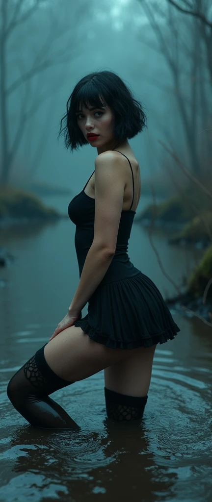 woman, short tight black dress, detailed black muddy stockings with garters, stuck in mud bog,pale ethnic patterns ritual makeup, cold, red lips, sexy posing, bob haircut, blue fog, posing, dynamic, sexy despair