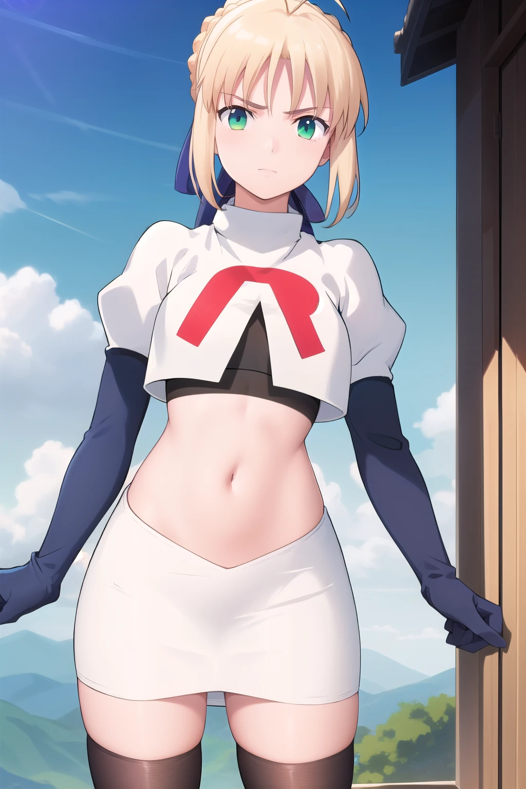 best quality, masterpiece, phSaber, phAltoria, 1girl, solo, blue ribbon, looking at viewer, french braid, hair bun, short hair, outdoors, team rocket,team rocket uniform,white skirt,red letter R,crop top,black thigh-highs,black elbow gloves